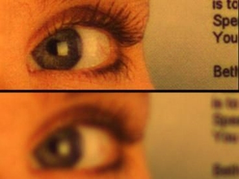 In the image on the bottom, the eye is in the foreground and the text is in the background — and both are blurry because the photographer has focused on a point between the two. A new MIT system instead captures multiple images at several focal depths and stitches them into a sharper composite (top).