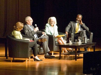 From left to right: President Susan Hockfield, Provost L. Rafael Reif, Executive Vice President and Treasurer Theresa M. Stone and Chancellor Phillip Clay answer questions from the community during the State of the Institute forum on Wednesday.