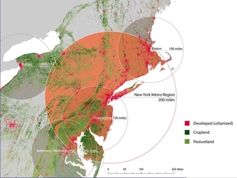 A map of northeastern cities depicts their proposed “foodsheds,” the areas that naturally supply metropolitan areas with their food.