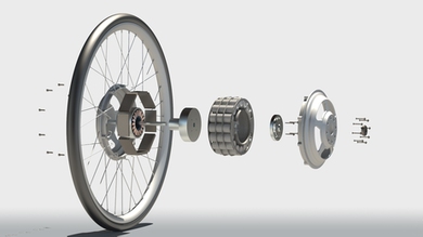 Exploded components of the GreenWheel from SA+P's Mobile Experience Lab and Smart Cities Group, a regenerative electric motor that can be adapted to any bicycle.