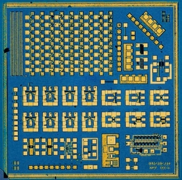 A test chip used to evaluate the performance of indium gallium arsenide in logic circuits.