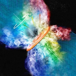 Artist’s conception of the rotating disk of hot, ionized gas surrounding Orion Source I, blocking the star from our view. A cool wind of gas is driven from the upper and lower surfaces of the disk and is sculpted into an hourglass shape by tangled magnetic field lines.