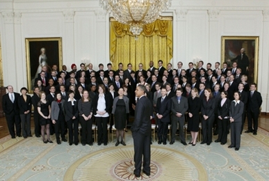 President Barack Obama talks with the Presidential Early Career Award for Scientists and Engineers (PECASE) winners in the East Room of the White House, Jan. 13.