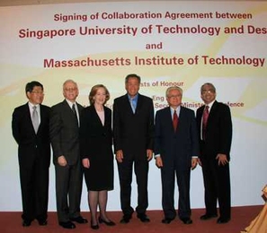 From left to right, Philip Ng, chairman of the Singapore University of Technology and Design (SUTD) Board of Trustees; SUTD President Thomas Magnanti; MIT President Susan Hockfield; Ng Eng Hen, minister for education and second minister for defense; Tony Tan, chairman of National Research Foundation; and Rohan Abeyaratne, SMART director, attend a signing ceremony detailing the scope of collaborati...