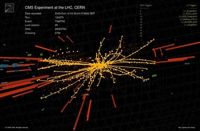 Screen capture of proton-proton collision events in the CMS detector at an energy of 2.36 TeV.
