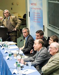 From top to bottom, Ernest J. Moniz, Robert Stavins, Michael Greenstone, Steven Ansolabehere, Edward Steinfeld and Henry Jacoby at the panel discussion “the Road from Copenhagen.”