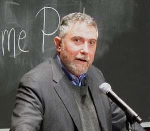 Paul Krugman delivers a lecture in the Stata Center on Friday, Feb. 5.