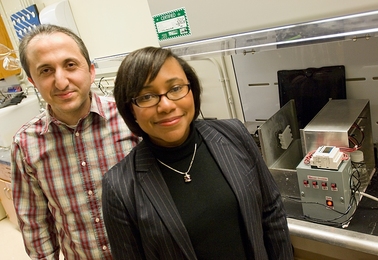 Postdoctoral researcher Avni Argun and professor Paula Hammond in the lab where they developed new technology for making fuel-cell membranes.
