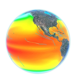 A simulation with no hurricane-induced mixing shows a year of modern hurricane tracks and sea surface temperatures colored by intensity (blue is weaker, red is stronger).