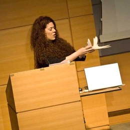 Christine Ortiz, an associate professor in MIT’s Department of Materials Science and Engineering, discusses “bio-inspired” synthetic materials at an MIT forum, “The Future of Manufacturing Innovation — Advanced Technologies," held on Monday.