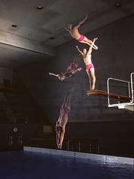 Charles Batterman is shown performing a dive in this stroboscopic photograph taken by Harold Eugene "Doc" Edgerton in 1955 or 1956.