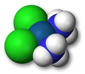 A 3-D model of a cisplatin molecule.