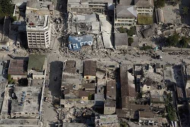 The devastation of Port au Prince is seen from the sky after the January earthquake.