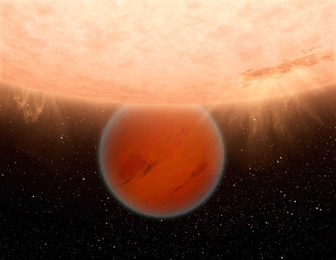 An unusual, methane-free world is partially eclipsed by its star in this artist's concept. NASA's Spitzer Space Telescope has found evidence that a hot, Neptune-sized planet orbiting a star beyond our sun lacks methane — an ingredient common to many planets in our own solar system. 