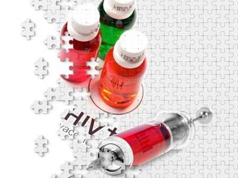 Jigsaw puzzle with bottles and the word "HIV+"; pieces of the puzzle are broken apart on one side.