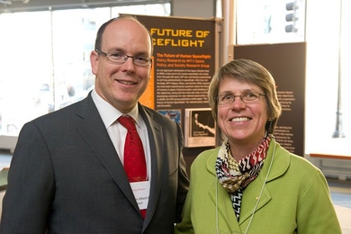 Professor Sallie (Penny) Chisholm, who received the Albert Agassiz Medal from the National Academy of Sciences, met with Prince Albert II of Monaco when he visited the MIT campus April 13. The prince’s great-great-grandfather, Albert I, was the second recipient of the Agassiz Medal.