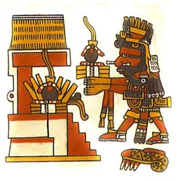 The Aztec god, Xiuhtecuhtli, as one of the nine Lords of the Night, offers up rubber balls in this drawing.
