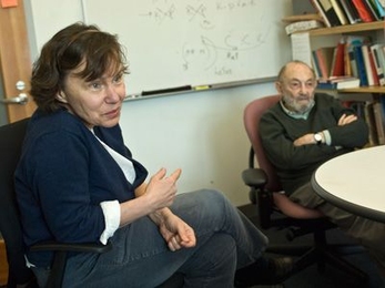 MIT's professor of linguistics Donca Steriade (left) and institute professor emeritus Morris Halle (right), experts in phonology, discussing a basic question: Why do human languages sound the way they do?