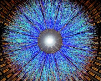 A visualization of one of the first full-energy collisions between gold ions at Brookhaven Lab's Relativistic Heavy Ion Collider, as captured by the Solenoidal Tracker At RHIC (STAR) detector.