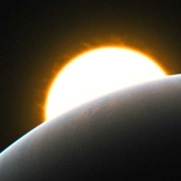 This artist’s impression shows the Jupiter-like transiting exoplanet around its host star.