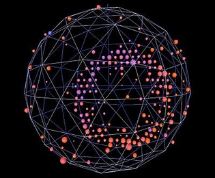 A graphic of a neutrino event recorded by the MiniBooNE experiment. The ring of light, registered by some of the more than 1,000 light sensors inside the detector, indicates the collision of a muon neutrino with an atomic nucleus.