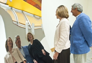 From left to right: MIT President Susan Hockfield; Associate Provost Philip Khoury; and Jane Farver, director of the MIT List Visual Arts Center, gaze at their reflections in Anish Kapoor's stainless-steel sculpture housed in MIT's Stata Center.
