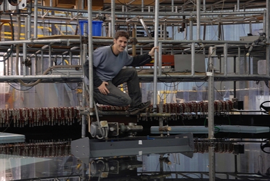 Associate Professor of Mechanical Engineering Thomas Peacock worked with colleagues at the Coriolis platform, the world's largest rotating table, in Grenoble, France, as a part of his MIT-France Seed Fund grant.