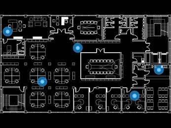 MIT researchers are developing a theoretical framework that could eventually be used to help pinpoint the location of mobile devices — represented here as blue dots — indoors, where GPS reception can be unreliable and inaccurate.