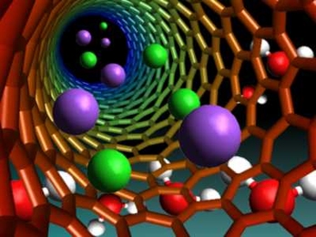MIT chemical engineers built tiny channels out of carbon nanotubes — hollow tubes whose walls are made of lattices of carbon atoms. Small particles such as sodium ions and protons can flow through the channels.