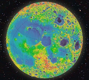 Using measurements taken by an instrument onboard NASA’s Lunar Reconnaissance Orbiter spacecraft, researchers have mapped all large craters on the moon. In this image, blue indicates low elevation, and red indicates high elevation.
