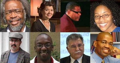 The new MLK scholars: Top row: Sylvester James Gates Jr., Donna J. Nelson, Donal Fox, Juana Mendenhall. Bottom row: Hector Hugo Hernandez, Isaac Mbiti, William Yslas Velez and Reuben A. Buford May