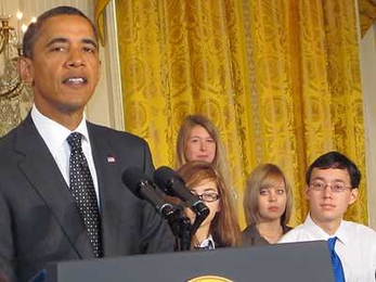 Sophomore Nathan S. Benjamin, far right in white shirt, was one of 75 young innovators who presented their work at the first-ever White House science fair.