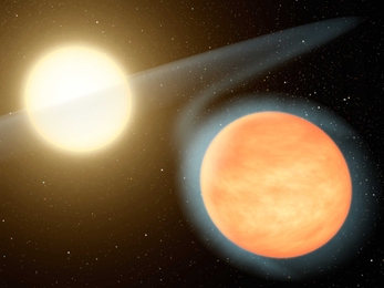 Artist concept of the extremely hot exoplanet WASP-12b and the host star.