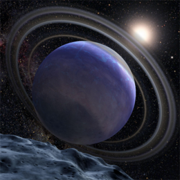 Artist rendition of a distant planet with rings