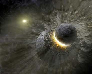 Massive planetesimals — some as large as 2,000 miles in diameter — may have struck other objects in space, including possibly Earth, Mars and the Moon, in a similar fashion to this artist's rendering of a space collision.