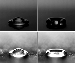 Using a high-speed camera, MIT researchers obtained images of water droplets striking a hydrophobic surface that is dry (top) or frosted (bottom), in order to study the feasibility of using such surfaces as a “passive” way of preventing ice buildup.
