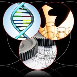 Overlapping circles contain images of DNA double helix, test tubes, and gears
