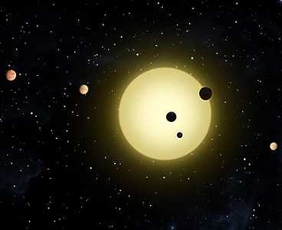 Kepler-11 is a sun-like star around which six planets orbit. At times, two or more planets pass in front of the star at once, as shown in this artist's conception of a simultaneous transit of three planets observed by NASA's Kepler.