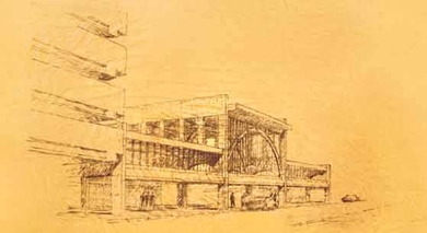 Pencil sketch of the Back Bay MBTA Station, opened in 1987. 