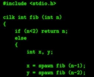 A snippet of code from the Cilk language showing the 'spawn' and 'sync' commands.