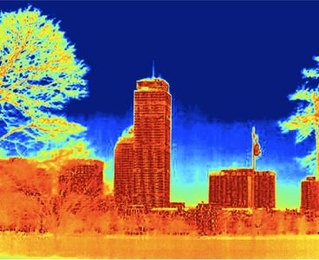 An image of the Boston skyline taken with the MIT researchers' thermal imaging system.
