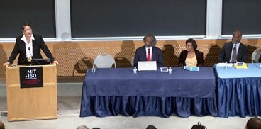 Speakers at an MIT forum on "Education in the United States" included, from left: Harvard historian Evelyn Higginbotham; University of Maryland physicist Sylvester Gates; MIT professor of chemical engineering Paula Hammond; and MIT professor of aeronautics and astronautics, and associate provost, Wesley Harris.