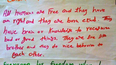 One of the students' reverse translations from Hindi into English of Article 1 of the U.N.’s Universal Declaration of Human Rights.
