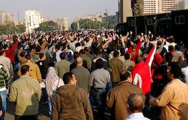 A crowd demonstrates peacefully in Cairo.