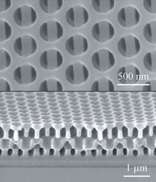 The new 3D nanofabrication method makes it possible to manufacture complex multi-layered solids all in one step. In this example, seen in these Scanning Electron Microscope images, a view from above (at top) shows alternating layers containing round holes and long bars. As seen from the side (lower image), the alternating shapes repeat through several layers. 