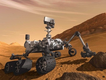 This artist concept features NASA's Mars Science Laboratory Curiosity rover, a mobile robot for investigating Mars' past or present ability to sustain microbial life. Curiosity is being tested in preparation for launch in the fall of 2011