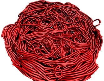 A close-up view of an amyloid plaque model, showing the entangled structure of amyloid fibrils that form a sticky plaque. 