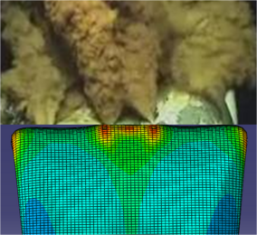 MIT researchers found a near-perfect match between their pipeline fracture simulation (bottom) and an image of the Deepwater Horizon's ruptured pipeline taken by an underwater robot. 