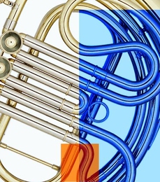 Close-up of a horn. The right half has a blue overlay, coloring the french horn blue. There is an orange square overlaying both halves at the bottom center.