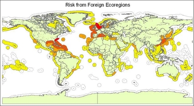 This map indicates relative risk from ecoregions outside the northeastern United States, evenly weighting ballast water volume sourced from a region and number of ships from that region. Red represents the highest risk and yellow the lowest risk. Ecoregions in white did not source any ships with a destination in the northeast United States [Sources: Basemap: NOAA 2011; Ecoregions: Spalding 2007].